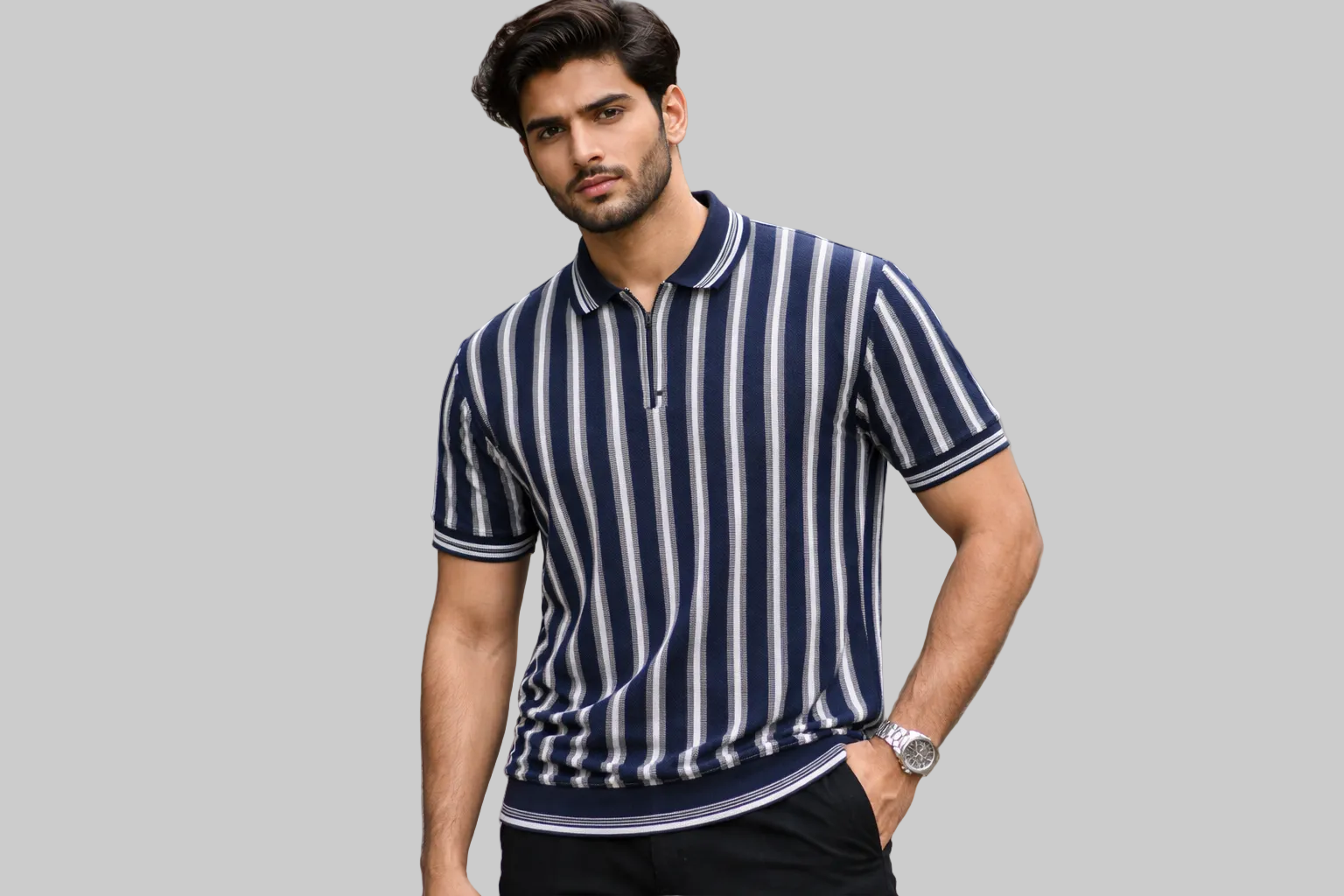 Navy Blue Striped Old Money Polo