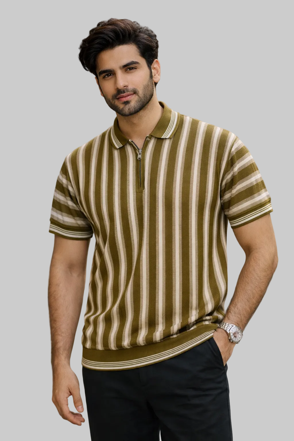Olive Green Striped Old Money Polo